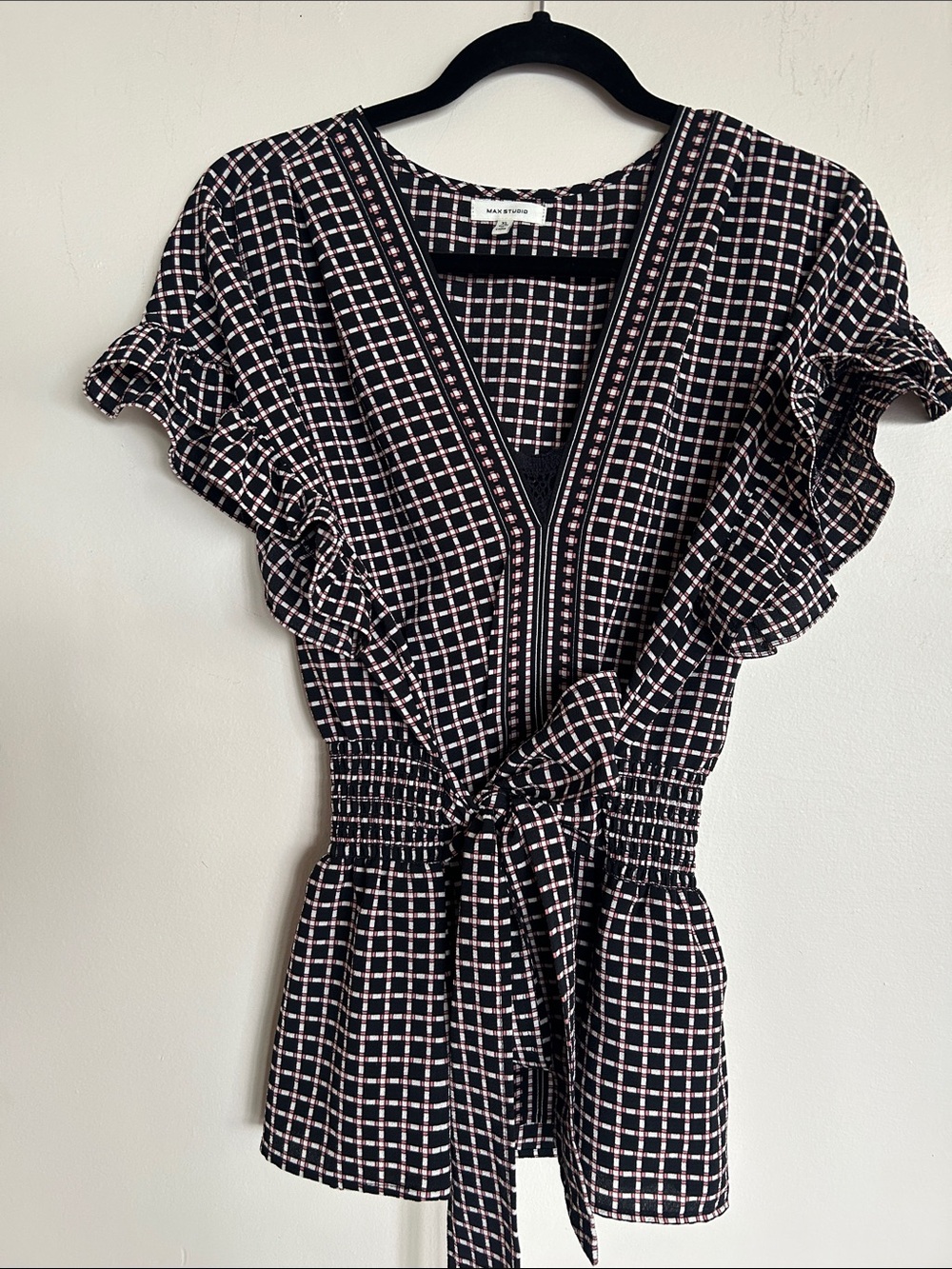 Max Studio Black and Pink Checked Ruffle-Sleeve Tie-Waist Mini Dress